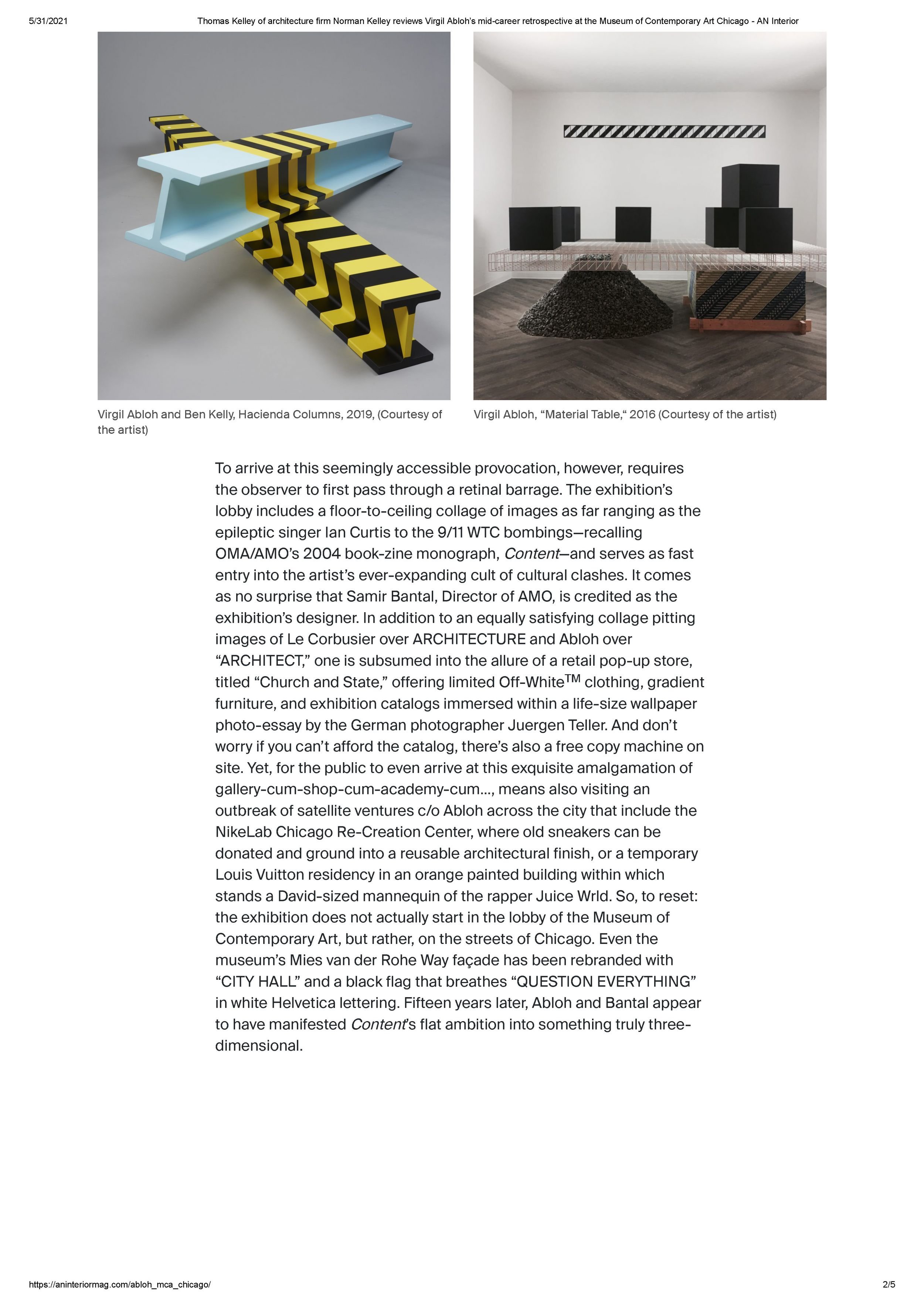 Thomas Kelley of architecture firm Norman Kelley reviews Virgil Ablohs mid-career retrospective at the Museum of Contemporary Art Chicago - AN Interior_Page_1_Page_2